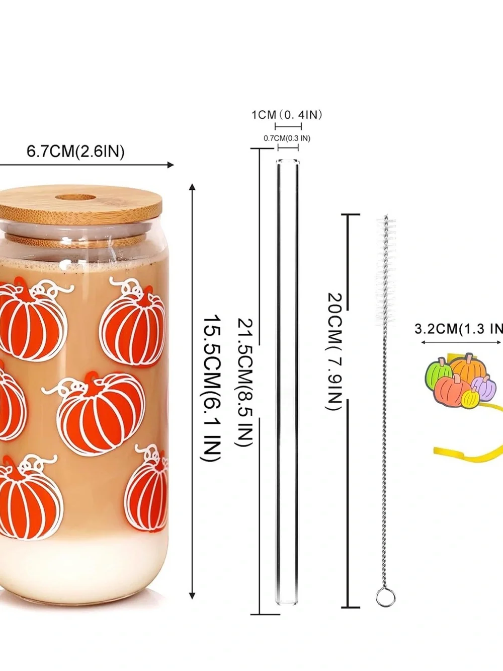 Autumn Pumpkin Glass Drinking Jar with Bamboo Lid & Straw
